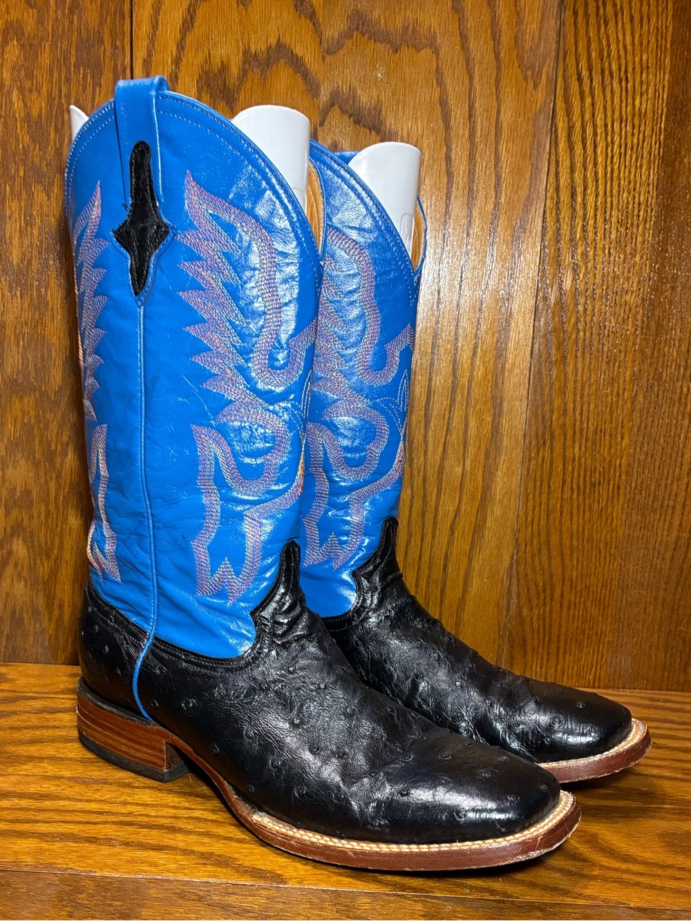 Ferrini Full Quill Ostrich Foot Blue Embroidered Shaft Square Toe Cowboy Boots